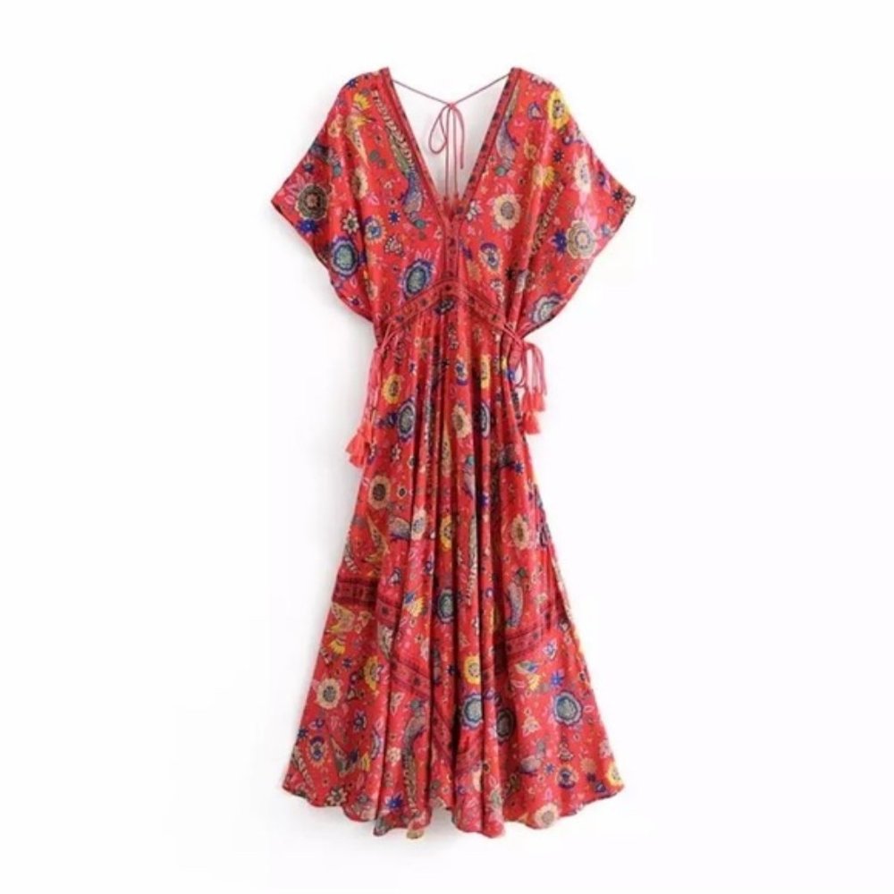Red Boho Floral Bird Gypsy Print Maxi Long - Picture 5 of 9